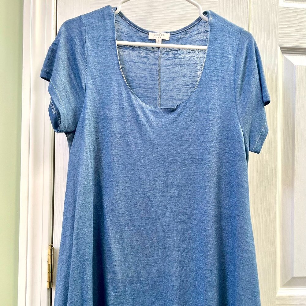LADIES SIZE L UMGEE BLUE LACE HEM SHORT SLEEVE TUNIC TOP SHIRT BLOUSE